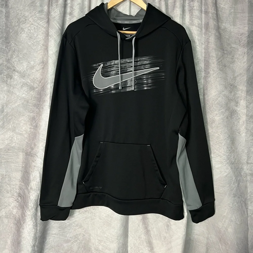Nike Therma-Fit Black and Gray Logo Hoodie - Large